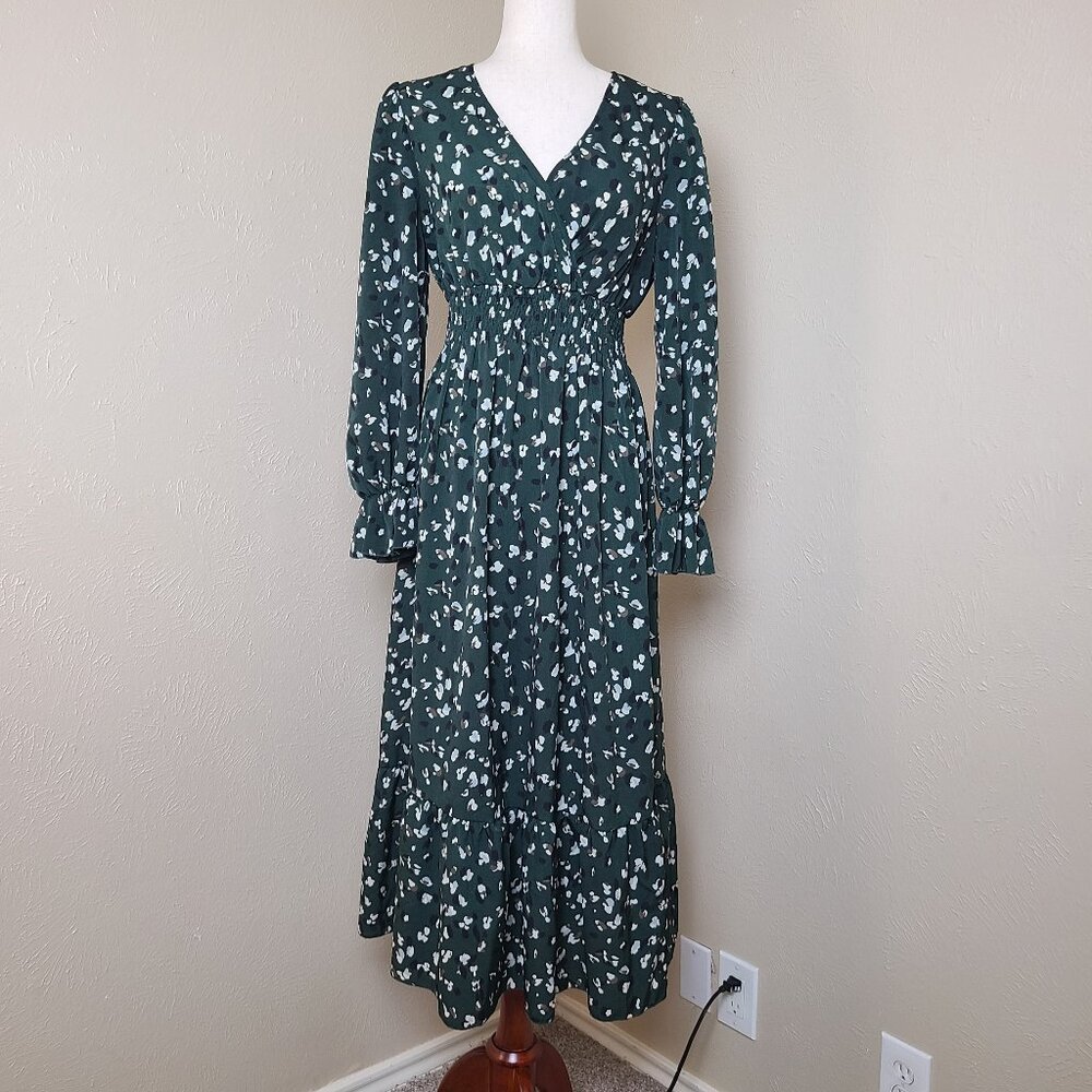 Shein Womens Long Sleeves Maxi Dress V Neck Print Green Size M A554